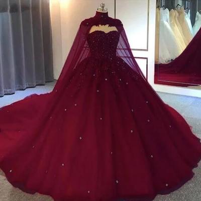 Mermaid burgundy ball gown tulle prom dress with lace - Thumbnail 3