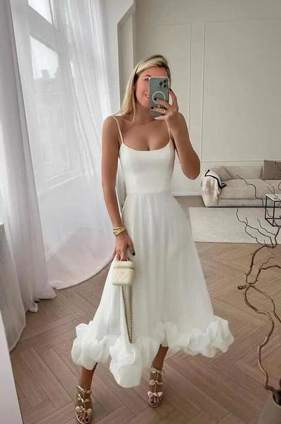 A Line Straps Ivory Tea Length Prom Dresses