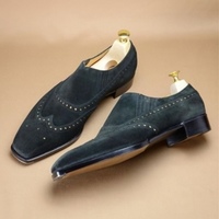 Black Suede Leather Wing Tip Formal Men Premium Leather Handmade Moccasin Loafers Shoes - Thumbnail 1