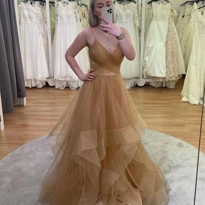 A line gold v neck long tulle prom dresses - Thumbnail 1