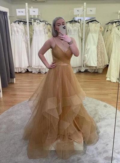 A Line Gold V Neck Long Tulle Prom Dresses