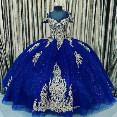 Off Shoulder Blue Ball Gown Lace Prom Dresses