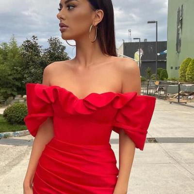 Off shoulder mini cocktail dresses ruffles satin column sexy homecoming dresses - Thumbnail 1