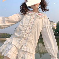 Japanese Girl Cute Doll Collar Elegant Lace Pink & White Long Sleeve T Shirt Blouse Top - Thumbnail 6