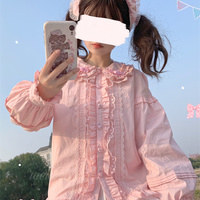 Japanese Girl Cute Doll Collar Elegant Lace Pink & White Long Sleeve T Shirt Blouse Top - Thumbnail 3
