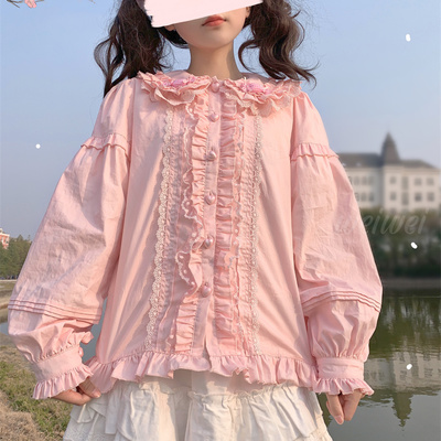 Japanese girl cute doll collar elegant lace pink & white long sleeve t shirt blouse top