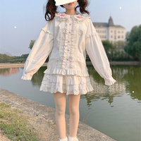 Japanese Girl Cute Doll Collar Elegant Lace Pink & White Long Sleeve T Shirt Blouse Top - Thumbnail 7