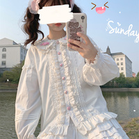 Japanese Girl Cute Doll Collar Elegant Lace Pink & White Long Sleeve T Shirt Blouse Top - Thumbnail 8