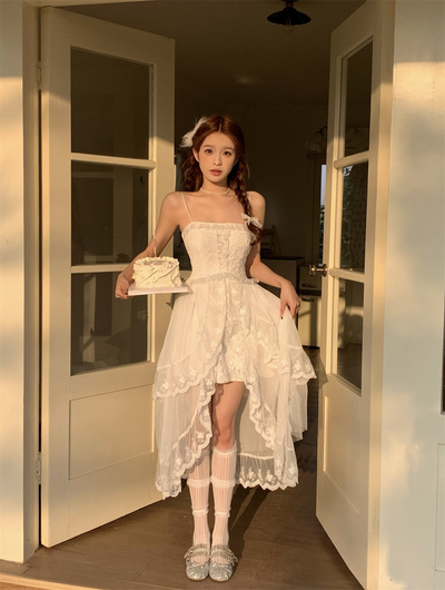 European French Retro Classic Lace Summer White Long Strap Dress