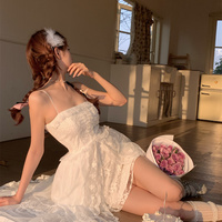 European French Retro Classic Lace Summer White Long Strap Dress - Thumbnail 2