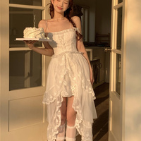 European French Retro Classic Lace Summer White Long Strap Dress - Thumbnail 6