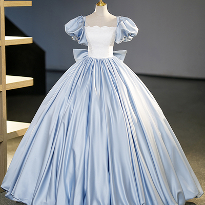 Blue satin long formal dress, cute a-line short sleeve ball gown - Thumbnail 1