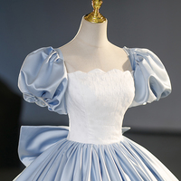 Blue Satin Long Formal Dress, Cute A-Line Short Sleeve Ball Gown - Thumbnail 1