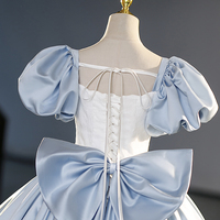 Blue Satin Long Formal Dress, Cute A-Line Short Sleeve Ball Gown - Thumbnail 2