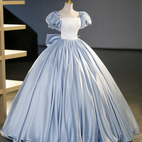 Blue Satin Long Formal Dress, Cute A-Line Short Sleeve Ball Gown - Thumbnail 3
