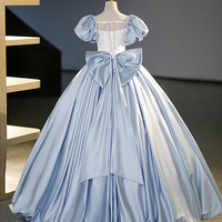 Blue Satin Long Formal Dress, Cute A-Line Short Sleeve Ball Gown - Thumbnail 4