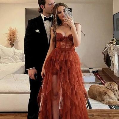Charming sweetheart rust tiered long prom dress with slit - Thumbnail 1