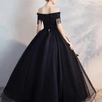 Off Shoulder Top Lace Black Tulle Long Prom Dresses - Thumbnail 1