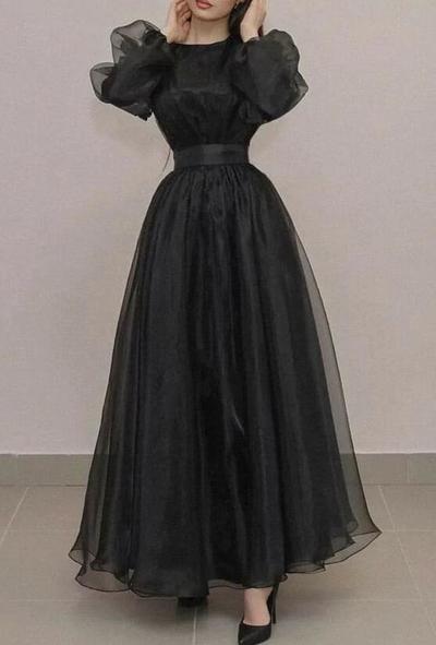 A Line Black Prom Evening Dress With Long Sleeves