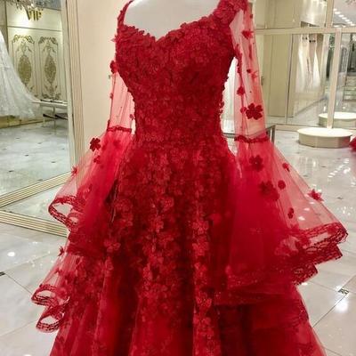 A line red long tulle prom dresses with lace - Thumbnail 1