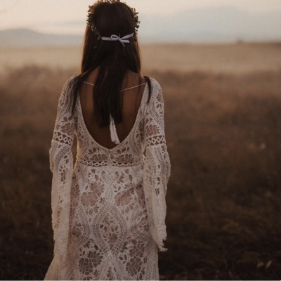 Lace boho v neck wedding dresses bridal gown with sleeves  - Thumbnail 2