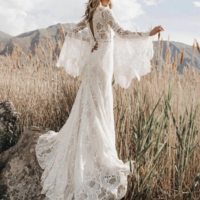 Lace Boho V Neck Wedding Dresses Bridal Gown with Sleeves  - Thumbnail 2