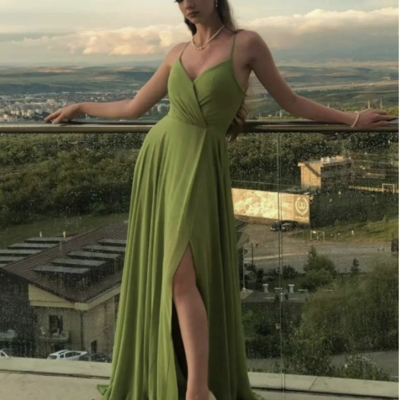  olive green prom dresses spaghetti straps slit side - Thumbnail 1