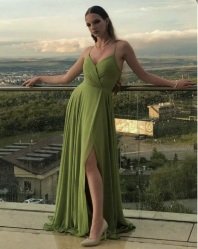  Olive Green Prom Dresses Spaghetti Straps Slit Side