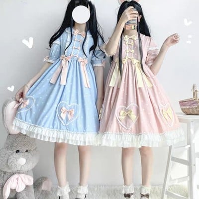 Plus size women cute japanese girl summer bow candy princess blue & pink dress