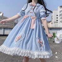 Plus Size Women Cute Japanese Girl Summer Bow Candy Princess Blue & Pink Dress - Thumbnail 2