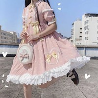 Plus Size Women Cute Japanese Girl Summer Bow Candy Princess Blue & Pink Dress - Thumbnail 5