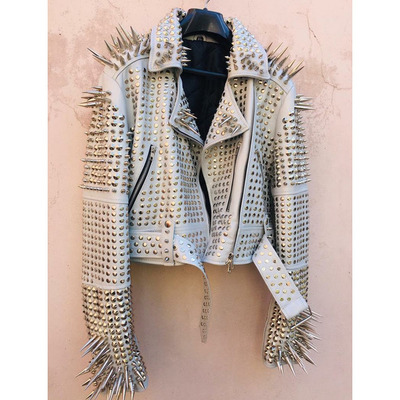 New men rock punk style studded white leather jacket with spikes and studs - Thumbnail 5
