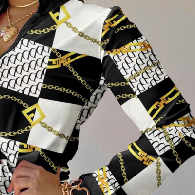 Long sleeve fashion chain print two piece set