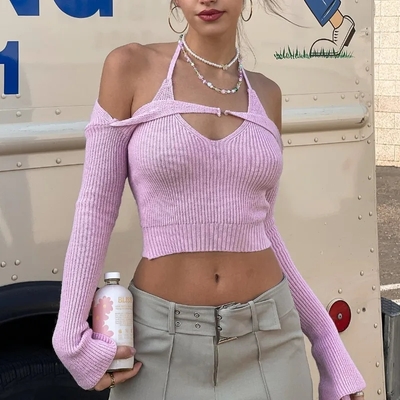 Pink halter backless crochet crop top + long sleeve shrug  - Thumbnail 3