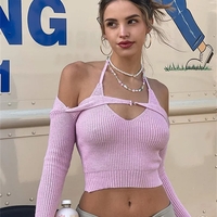 Pink Halter Backless Crochet Crop Top + Long Sleeve Shrug  - Thumbnail 2