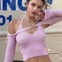 Pink Halter Backless Crochet Crop Top + Long Sleeve Shrug  - Thumbnail 3