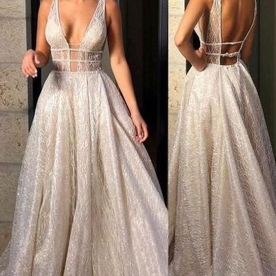 Sparkly deep v neck long prom dresses - Thumbnail 1