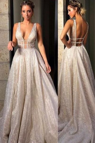 Sparkly Deep V Neck Long Prom Dresses