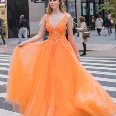 A line orange v neck tulle long prom dresses with lace appliques  - Thumbnail 1