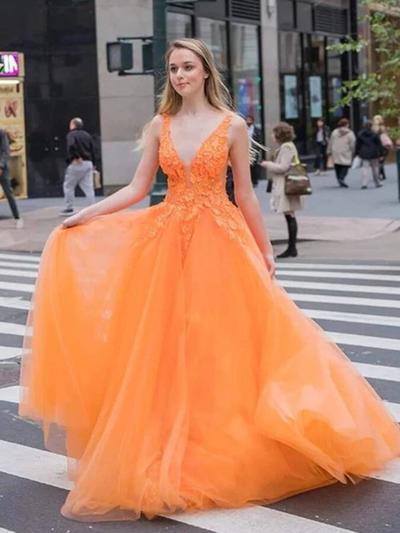 A Line Orange V Neck Tulle Long Prom Dresses With Lace Appliques 