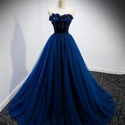Mermaid blue velvet tulle long prom dresses  - Thumbnail 2