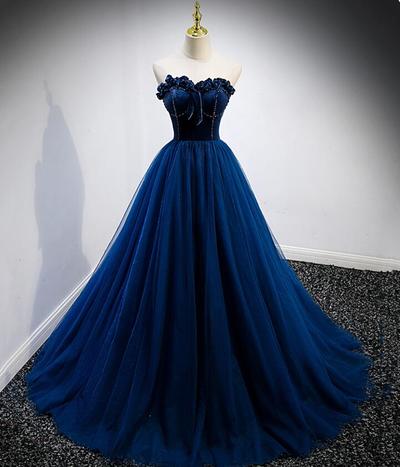 Mermaid Blue Velvet Tulle Long Prom Dresses 