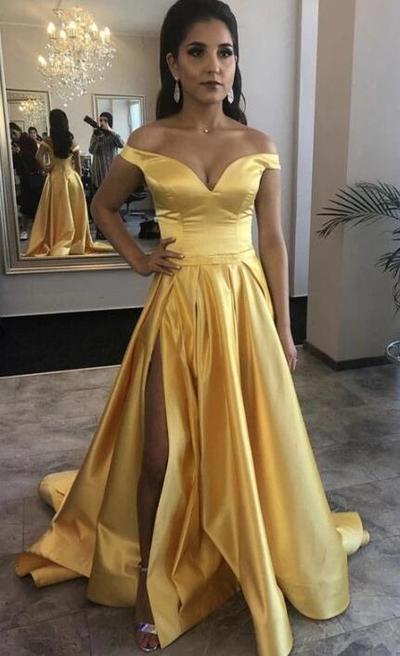 Elegant A Line Off the Shoulder Yellow Long Split Evening Dresses 