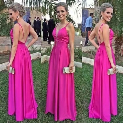 Fuchsia prom dresses spaghetti straps for women - Thumbnail 2