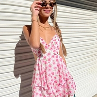 Pink Floral V Neck Mini Dress - Thumbnail 3