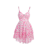 Pink Floral V Neck Mini Dress - Thumbnail 7