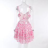 Pink Floral V Neck Mini Dress - Thumbnail 8