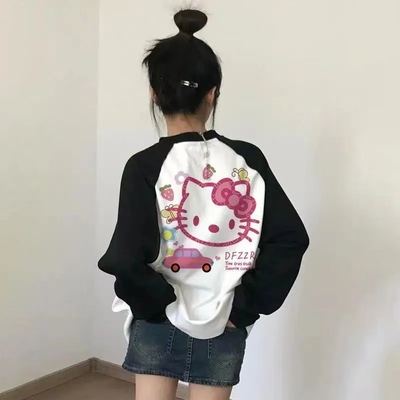 Kitty cat anime cartoon patchwork long sleeve t-shirt  - Thumbnail 4