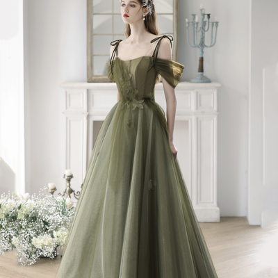 Green tulle long a-line prom dress, beautiful off shouder evening dress - Thumbnail 1