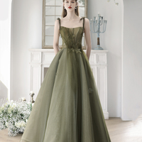 Green Tulle Long A-Line Prom Dress, Beautiful Off Shouder Evening Dress - Thumbnail 1